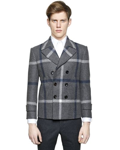 Thom Browne Check Wool Flannel Peacoat in Grey (Gray) for Men - Lyst