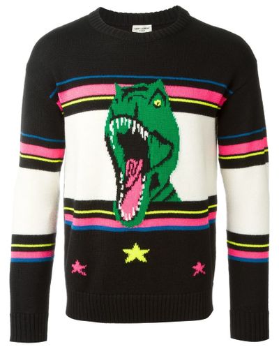 Saint Laurent Wool Dinosaur Intarsia Sweater in Black for Men | Lyst
