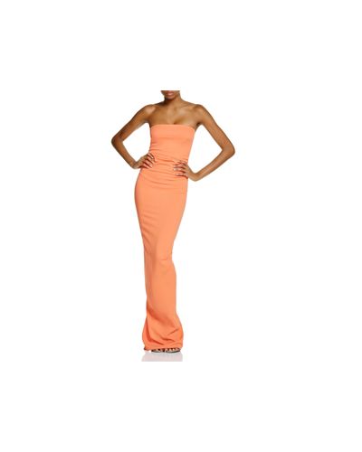 nicole bakti strapless ruffle back gown