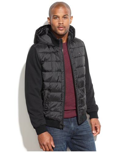 Tommy Hilfiger Hooded Mixed Media Jacket in Black for Men - Lyst