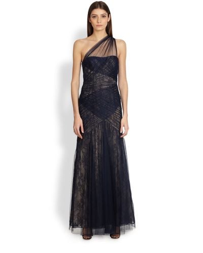 ML Monique Lhuillier Tulle One-Shoulder Gown in Navy Nude (Blue) - Lyst
