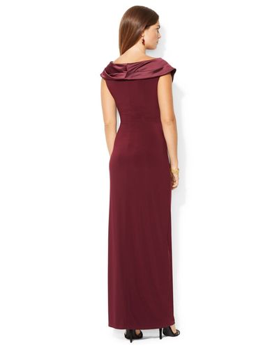 Lauren by Ralph Lauren Sleeveless Portrait-Collar Draped Gown in Red | Lyst