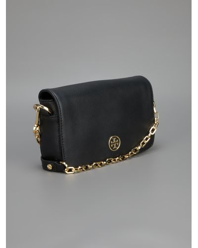tory burch black leather purse with gold chain