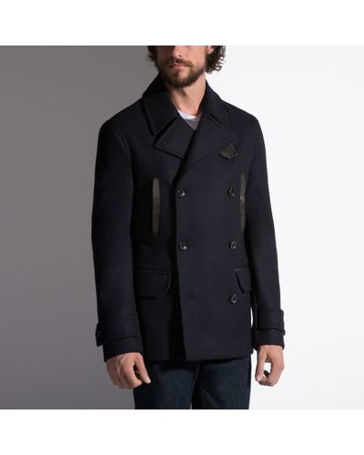 Bally Leather Trim Pea Coat In Blue For Men Lyst Bally Leather Trim Pea Coat In Blue For, Mens Pea Coat Leather Trims