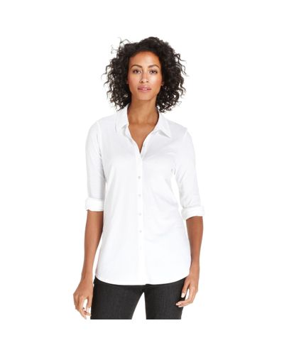 Eileen Fisher Long Sleeve Button-down Cotton Shirt in White - Lyst