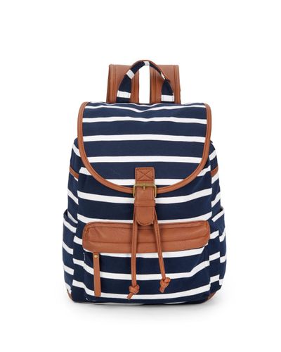 blue and white striped canvas backpack