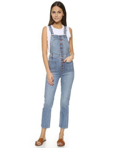 Madewell Denim Cropped Overalls With Button Front in Blue | Lyst