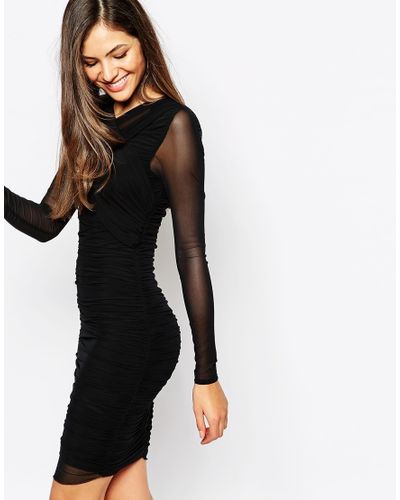 Y.A.S Mesh Body-conscious Dress With Sheer Long Sleeves in Black - Lyst