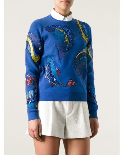 KENZO Embellished Fish Print Sweater in Blue - Lyst