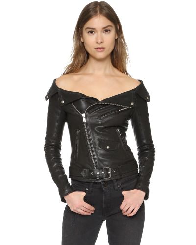 leather off shoulder jacket