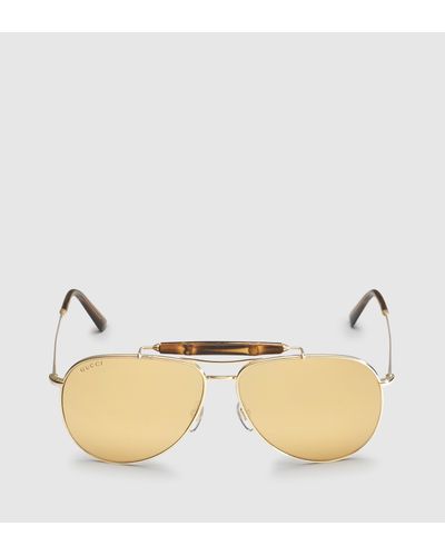Gucci Gold Plated Aviator Sunglasses With Bamboo in Yellow - Lyst