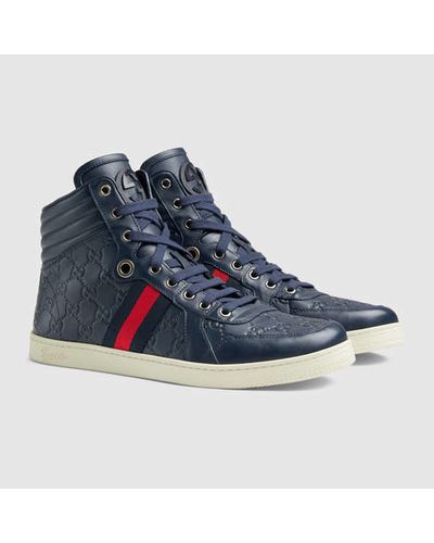 gucci navy blue leather high top sneakers