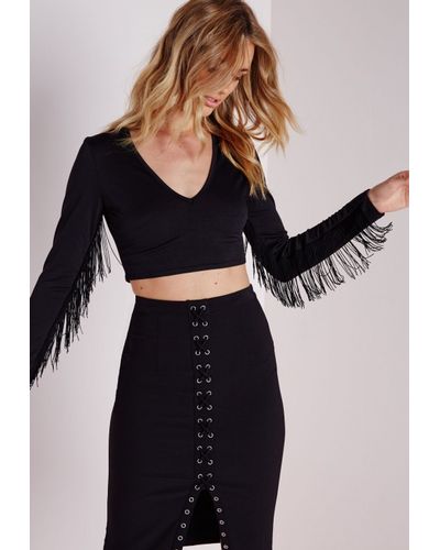 Missguided Fringe Long Sleeve Crop Top Black - Lyst