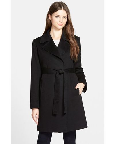 Fleurette Notch Collar Lightweight Cashmere Wrap Coat in Black - Lyst