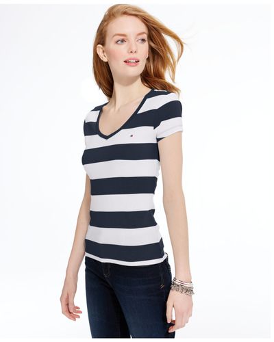 black and white striped v neck tee