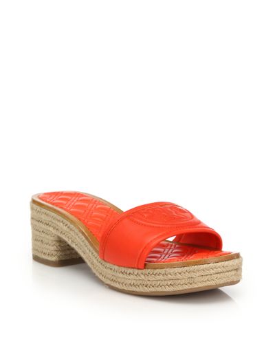 Tory Burch Fleming Quilted Leather Espadrille Slide Sandals in Red | Lyst