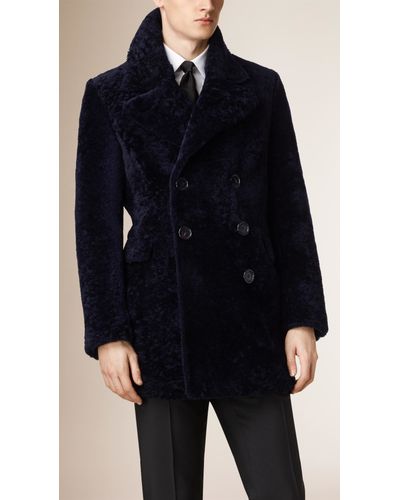 Burberry Shearling Pea Coat in Midnight (Blue) for Men - Lyst