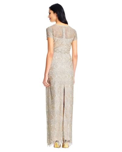 Adrianna Papell Short Sleeve Sheer Lace Evening Dress in Gold (Metallic) -  Lyst
