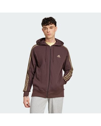 adidas Essentials French Terry 3-Stripes Full-Zip Hoodie - Brown