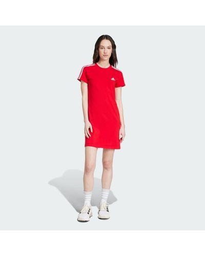 adidas Essentials 3-Stripes Single Jersey Fitted Tee Dress - Red