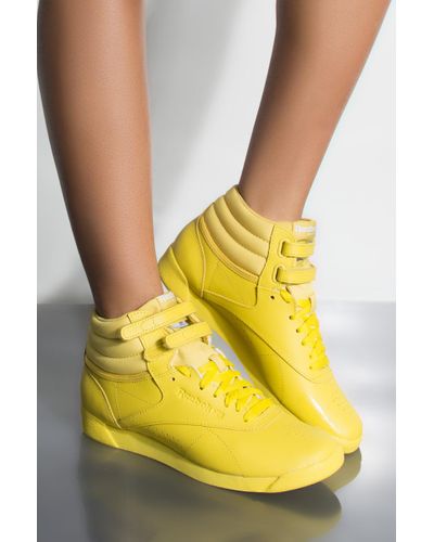 Reebok Leather Freestyle Hi Sneaker in Yellow - Lyst
