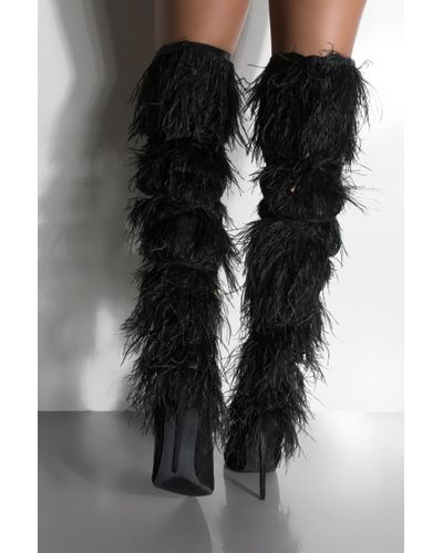 feather thigh high boots
