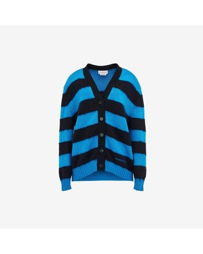 Alexander McQueen Striped Brand-embroidered Cotton-knitted Cardigan - Blue
