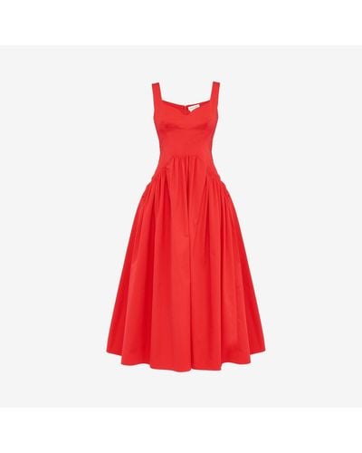 Alexander McQueen Red Sweetheart Neckline Midi Dress