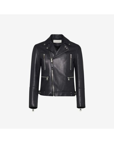 Alexander McQueen Blue Leather Biker Jacket - Black