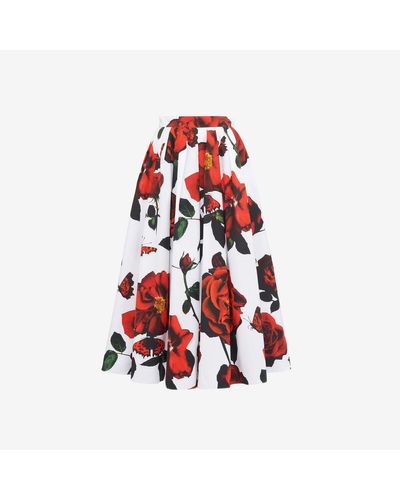 Alexander McQueen White Pleated Midi Skirt - Red