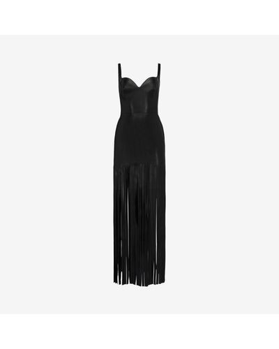 Alexander McQueen Fringed Leather Pencil Dress - Black