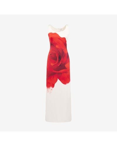 Alexander McQueen White Bleeding Rose Pencil Dress - Red