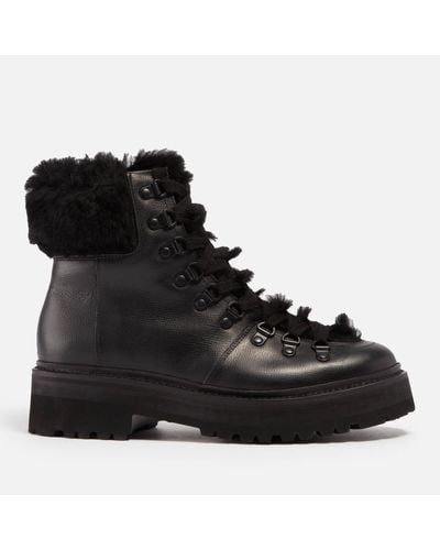 Grenson Nettie Shearling-Trimmed Leather Hiking-Style Boots - Black