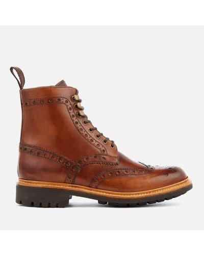 Grenson Fred Hand Painted Leather Commando Sole Lace Up Boots - Brown