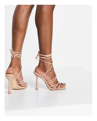 Truffle Collection Sqaure Toe Strappy Tie Leg Heeled Sandals in Brown - Lyst