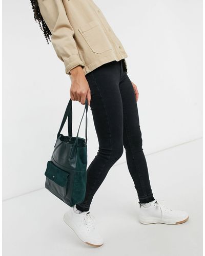 urbancode leather tote bolsa with suede pocket in black