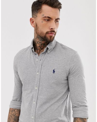 Polo Ralph Lauren Cotton Slim Fit Pique Shirt Player Logo Button Down in  Grey (Grey) for Men - Lyst