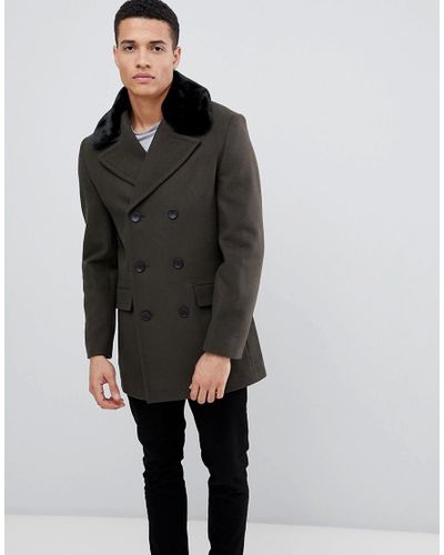French Connection Double Ted Wool, Mens Faux Fur Collar Wool Coat