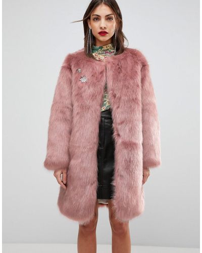 Mango Denim Oversized Faux Fur Coat in Pink | Lyst Canada