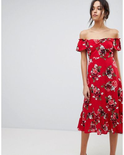 Y.A.S Leather Floral Off Shoulder Midi ...