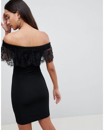 Lipsy Black Lace Bardot Dress - Lyst