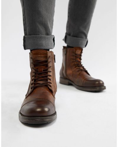 Jack & Jones Leather Boot With Side Zip in Brown for Men - Lyst