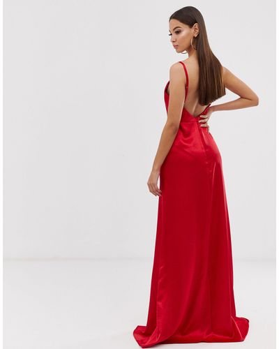 Club L London Satin Thigh Split Maxi Dress in Red - Lyst
