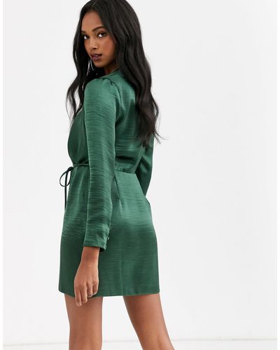 ASOS Satin Wrap Mini Dress in Green | Lyst