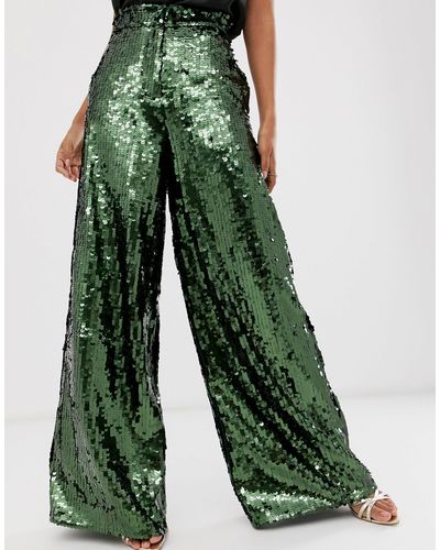 ASOS Synthetic Sequin Wide Leg Flare Pant in Green - Lyst