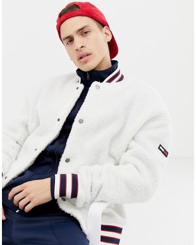 Tommy Hilfiger Denim Teddy Bomber Jacket With Icon Stripe Trim In White for  Men | Lyst