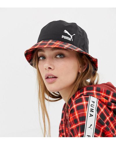 PUMA Synthetic Exclusive Red Check Bucket Hat | Lyst