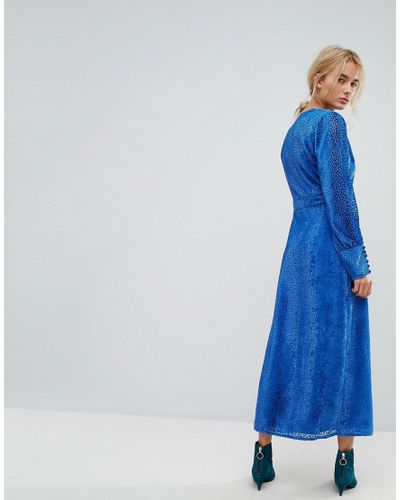 Gestuz Velvet Printed Maxi Dress With Tied Waist in Blue - Lyst