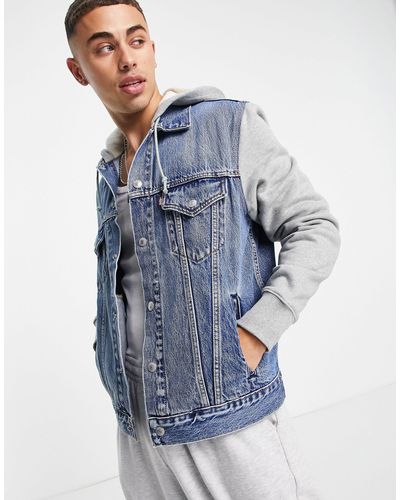 Giacca trucker di jeans ibrida con cappuccio e maniche felpati grigiLevi's  in Denim da Uomo colore Grigio | Lyst