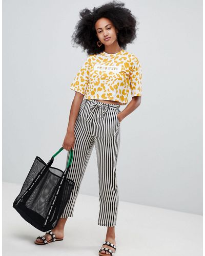 Monki Denim Tie Waist Stripe Pants in Beige (Natural) - Lyst